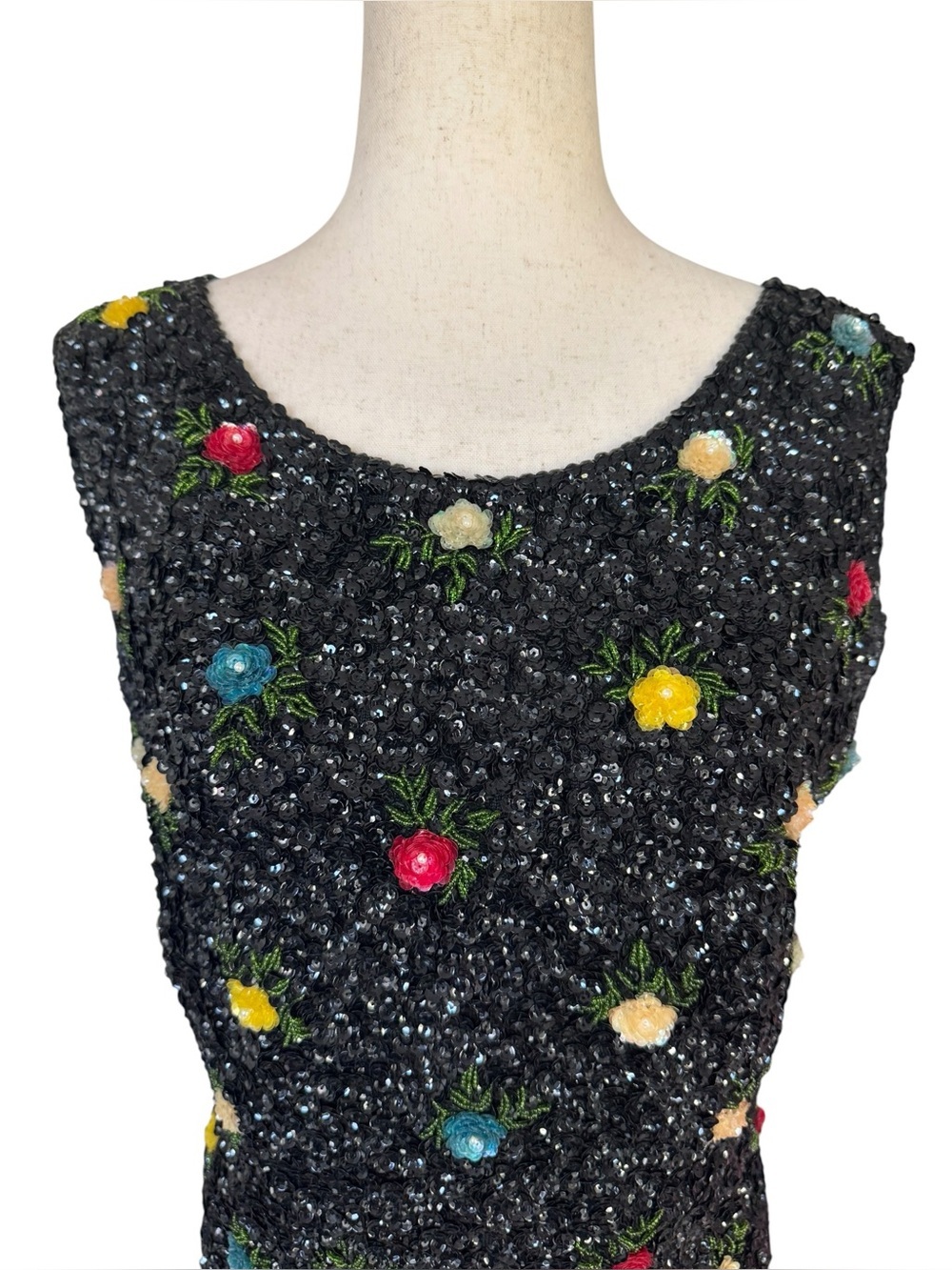 Vintage 60s House of Gold Beaded Sequin Floral Sleeveless Evening MCM Top Medium